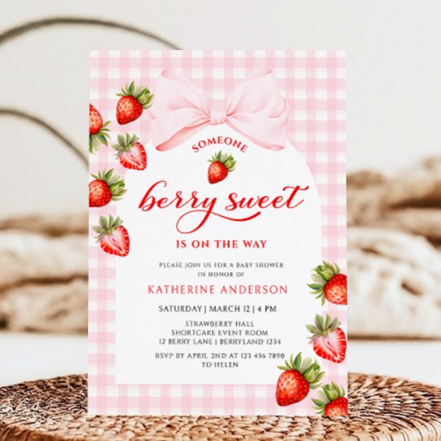 Rosa Bow Berry Sweet Strawberry Baby Shower Inbjudningar (Skapare uppladdad)