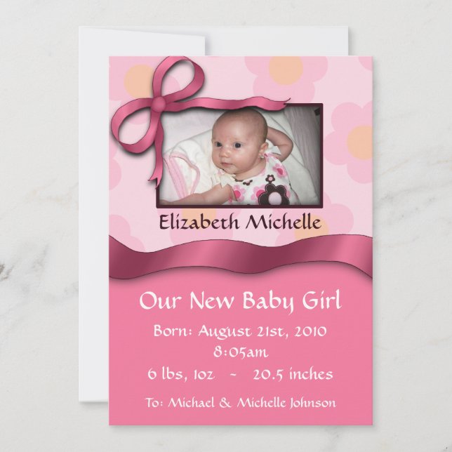 Rosa Bow Birth Notice Meddelande (Framsida)