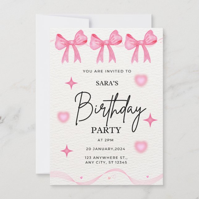 Rosa Bow Birthday-inbjudan Inbjudningar (Framsida)