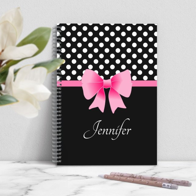 Rosa Bow Black and White Namn Anteckningsbok (Personalized Elegant Script Pink Bow Notebook)