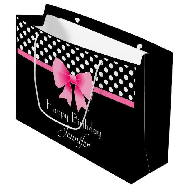 Rosa Bow Black and White Polka dots Birday (Framsidan Vinklad)