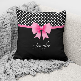 Rosa Bow Black & White Polka dots Mönster Namn Kudde