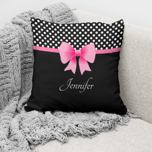 Rosa Bow Black & White Polka dots Mönster Namn Kudde