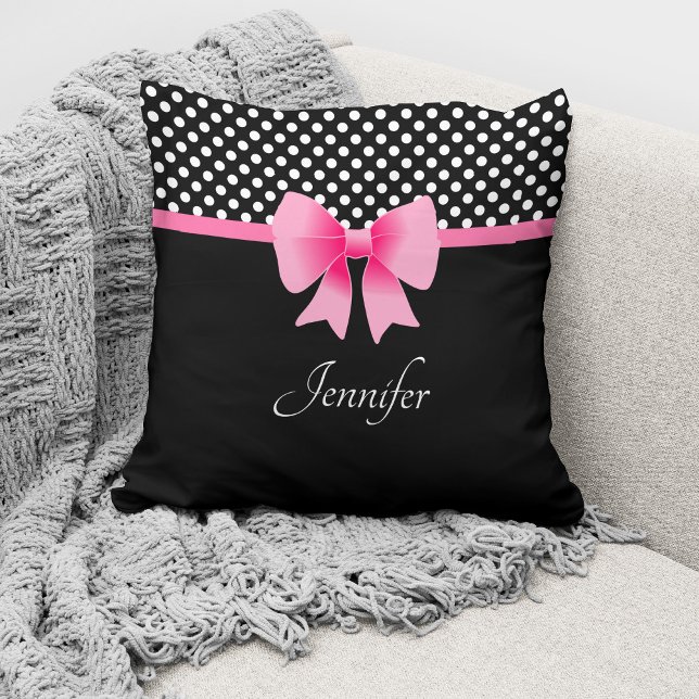 Rosa Bow Black & White Polka dots Mönster Namn Kudde (Skapare uppladdad)