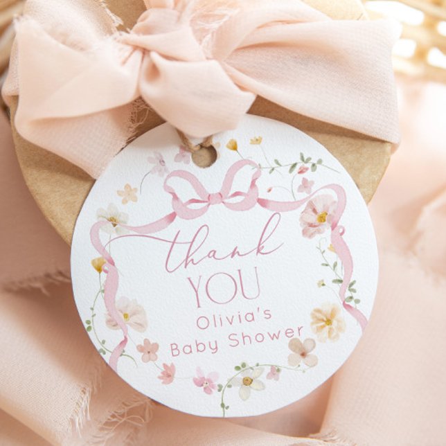 Rosa Bow blommigt Baby i Bloom Baby Shower Gåvor Etiketter (Skapare uppladdad)