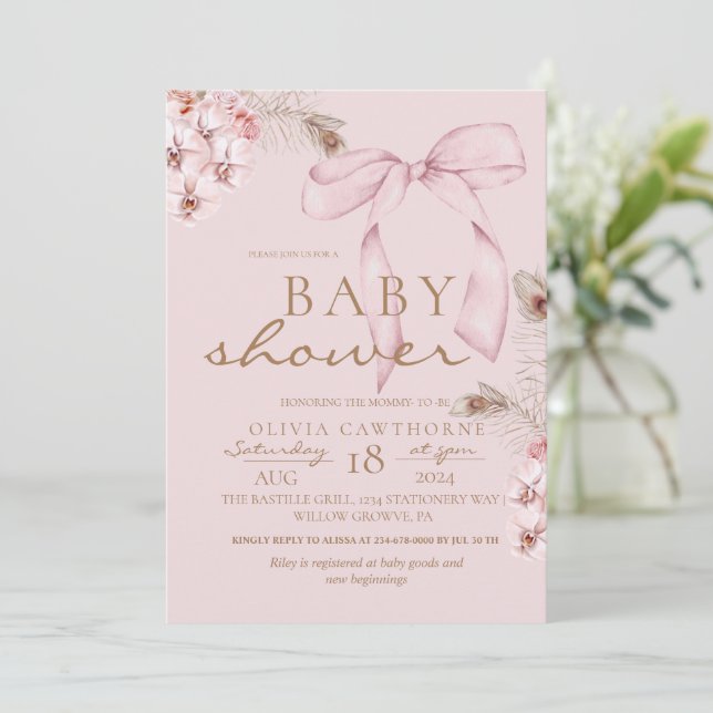 Rosa Bow Blommigt Baby Shower Inbjudningar (Stående Fram)