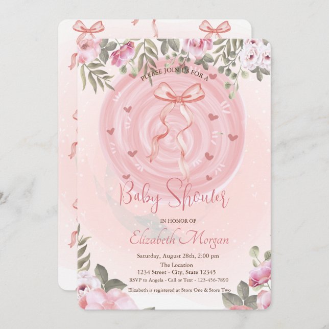 Rosa Bow Blommigt Baby Shower Inbjudningar (Fram/baksida)