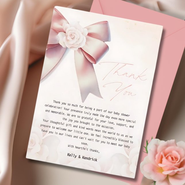 Rosa Bow Blommigt Baby Shower Tack Kort (Skapare uppladdad)