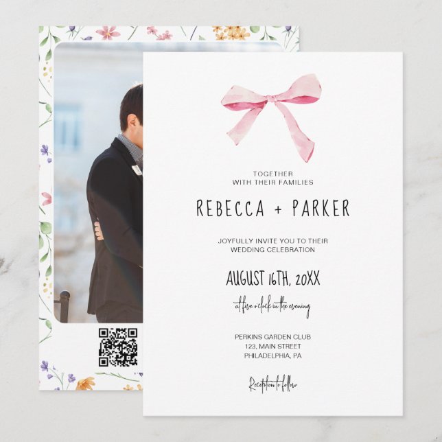  rosa Bow blommigt bröllop-foto och Qr-kod Inbjudningar (Fram/baksida)