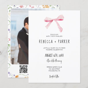  rosa Bow blommigt bröllop-foto och Qr-kod Inbjudningar