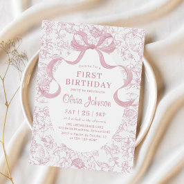 Rosa Bow Blommigt Chinoiserie Toile Birthday Inbjudningar