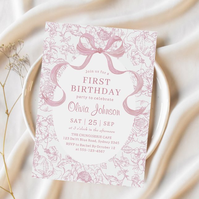 Rosa Bow Blommigt Chinoiserie Toile Birthday Inbjudningar (Skapare uppladdad)