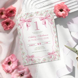 Rosa Bow Blommigt Coquette 1:a födelsedag Inbjudningar