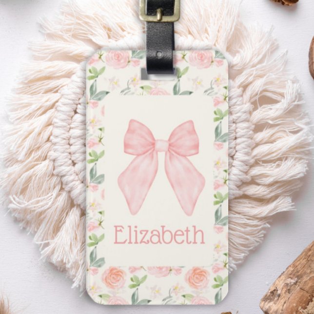Rosa Bow Blommigt Coquette Aesthetic School Bag Mä Bagagebricka (Skapare uppladdad)