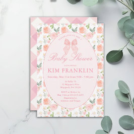 Rosa Bow Blommigt Coquette Gingham Girl Baby Showe Inbjudningar