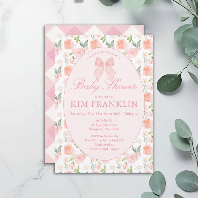 Rosa Bow Blommigt Coquette Gingham Girl Baby Showe Inbjudningar (Skapare uppladdad)