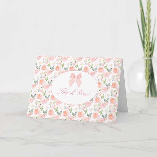 Rosa Bow Blommigt Coquette Gingham Girl Baby Showe Tack Kort (Framsida)