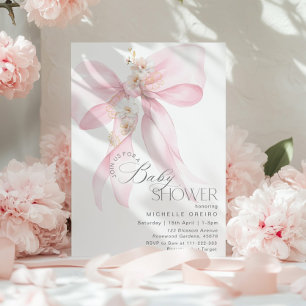 Rosa Bow Blommigt Flicka Shower Inbjudningar