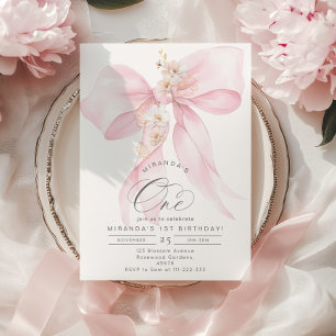 Rosa Bow Blommigt Girl 1st BIrthday party Inbjudningar
