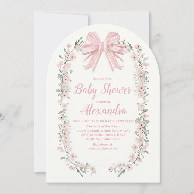 Rosa Bow Blommigt Girl Baby Shower Inbjudningar (Framsida)