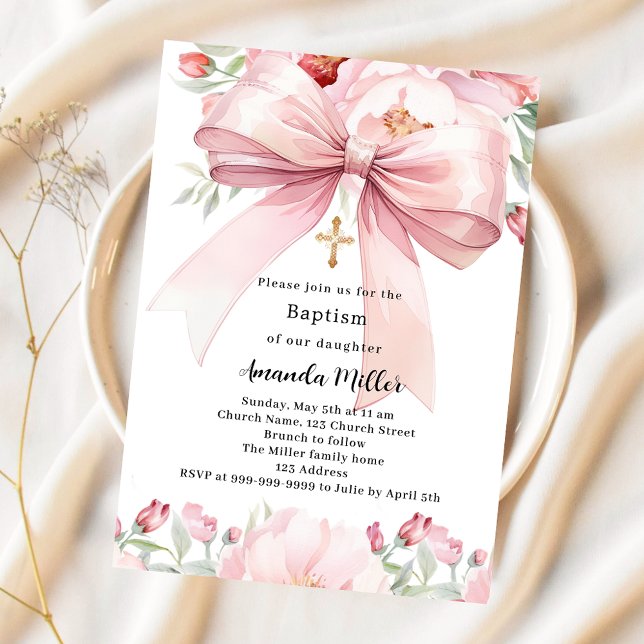 Rosa bow blommigt girl Baptism Inbjudningar (Skapare uppladdad)