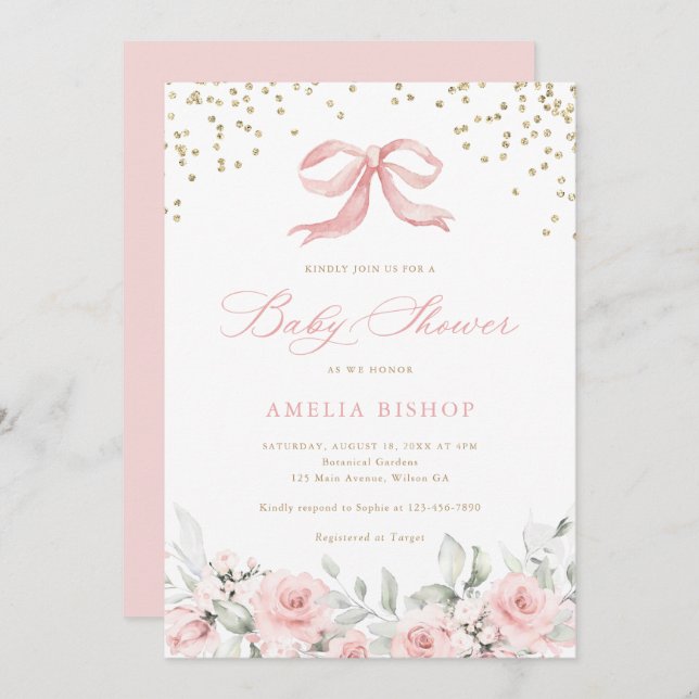 Rosa Bow Blommigt  Greenery Guld Baby Shower Inbjudningar (Fram/baksida)