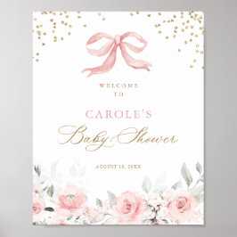 Rosa Bow Blommigt Guld Greenery Baby Shower Välkom Poster