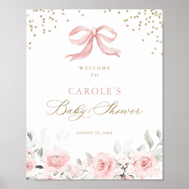 Rosa Bow Blommigt Guld Greenery Baby Shower Välkom Poster (Framsidan)