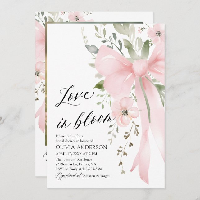 Rosa Bow Blommigt Kärlek i Bloom Möhippa Inbjudningar (Fram/baksida)