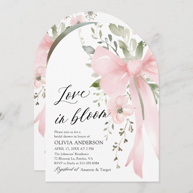 Rosa Bow Blommigt Kärlek i Möhippan Bloom Arch Inbjudningar (Fram/baksida)