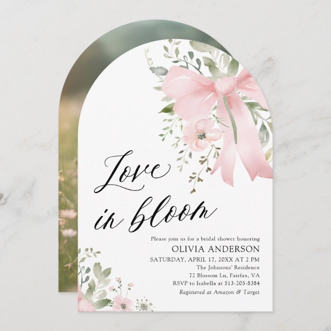 Rosa Bow Blommigt Kärlek i Möhippan Bloom Arch Inbjudningar (Fram/baksida)