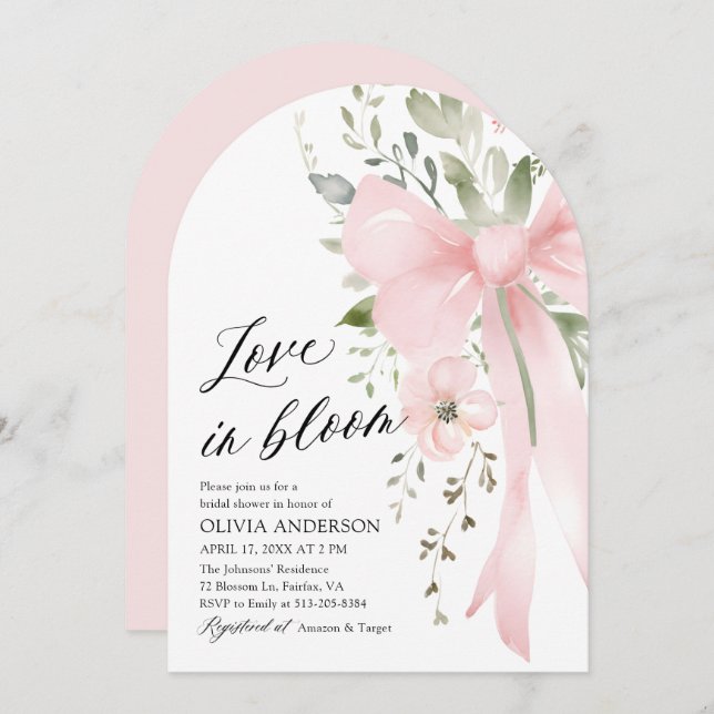 Rosa Bow Blommigt Kärlek i Möhippan Bloom Arch Inbjudningar (Fram/baksida)