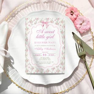 Rosa Bow Blommigt Sweet Little Girl Baby Shower Inbjudningar