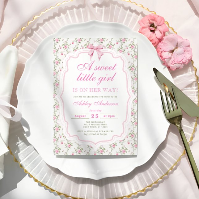 Rosa Bow Blommigt Sweet Little Girl Baby Shower Inbjudningar (Skapare uppladdad)