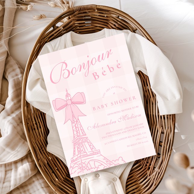 Rosa Bow Bonjour Bebe Baby Shower Inbjudningar (Skapare uppladdad)