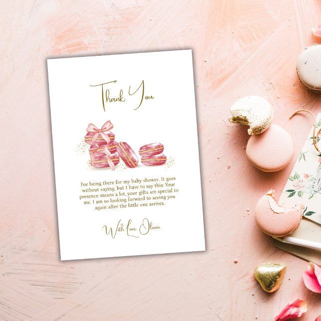 Rosa Bow Bonjour Bébé Fransk Macarons Baby Shower Tack Kort (Pink Bow Bonjour Bébé French Macarons Baby Shower Thank You Card)