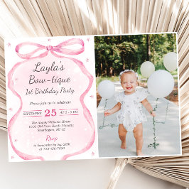 Rosa Bow Boutique 1:a födelsedag Party Foto Inbjudningar
