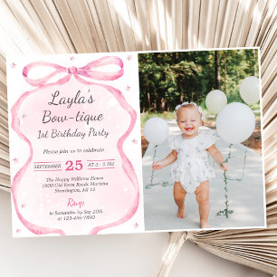 Rosa Bow Boutique 1:a födelsedag Party Foto Inbjudningar
