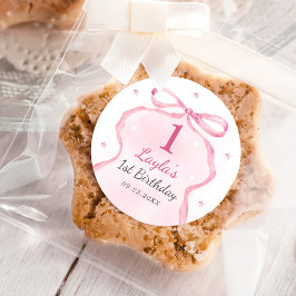 Rosa Bow Boutique 1:a födelsedag Party Runt Klistermärke