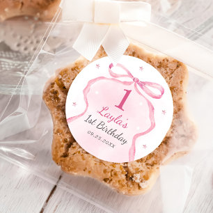 Rosa Bow Boutique 1:a födelsedag Party Runt Klistermärke