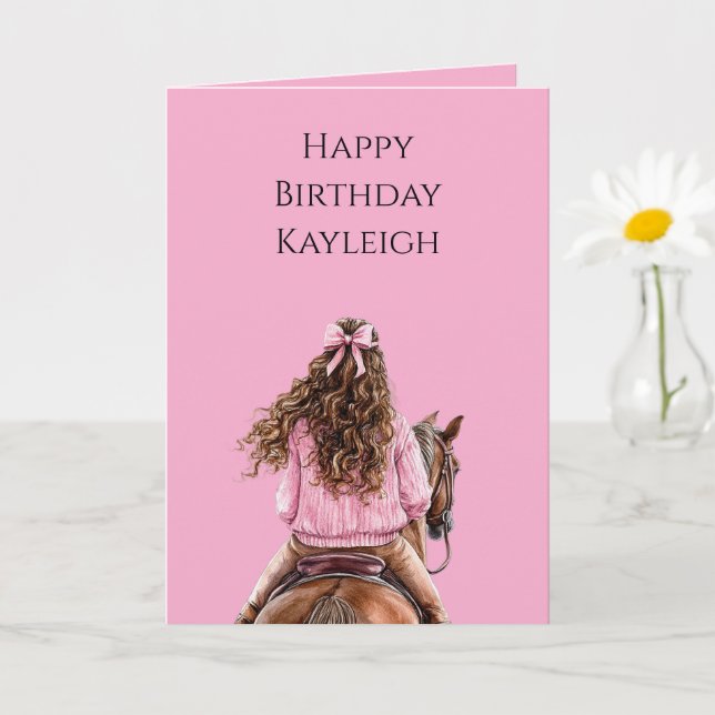 Rosa Bow Brown Horse Brown Hair Girl Birthday Kort (Liten växt)