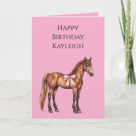 Rosa Bow Brown Horse med Braid Birthday Kort