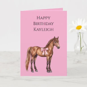 Rosa Bow Brown Horse med Braid Birthday Kort