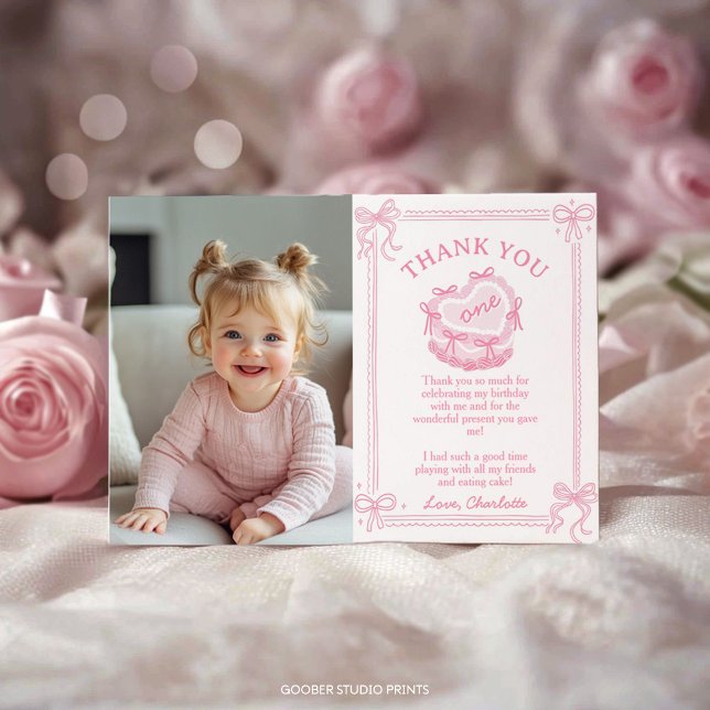 Rosa Bow Cake Birthday Photo Tack Kort (Skapare uppladdad)