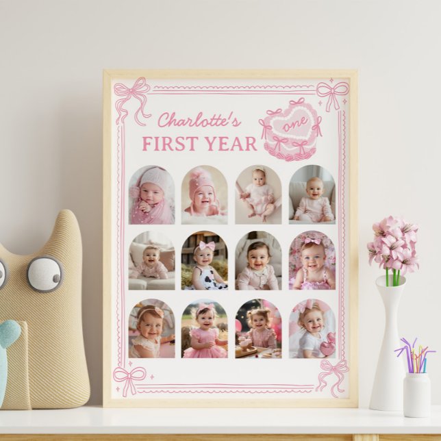 Rosa Bow Cake First Year Photo Milestone Poster (Skapare uppladdad)