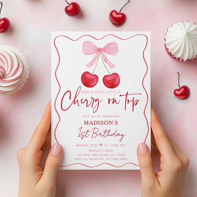 Rosa Bow Cherry Första födelsedag Inbjudningar (Skapare uppladdad)