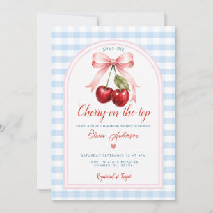 Rosa Bow Cherry on Top Bröllopsdusch Blå Gingham Inbjudningar