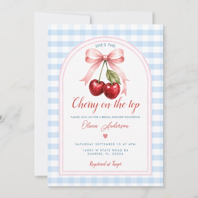 Rosa Bow Cherry on Top Bröllopsdusch Blå Gingham Inbjudningar (Framsida)