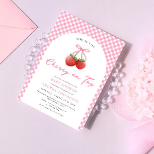 Rosa Bow Cherry på Top Baby Shower Gingham Inbjudningar