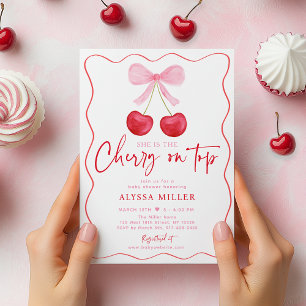 Rosa Bow Cherry på Top Baby Shower Inbjudningar